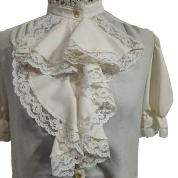 Vintage Brian Michele Puff Sleeve Ruffle Tuxedo Button Down Ivory Petite - Picture 3 of 13
